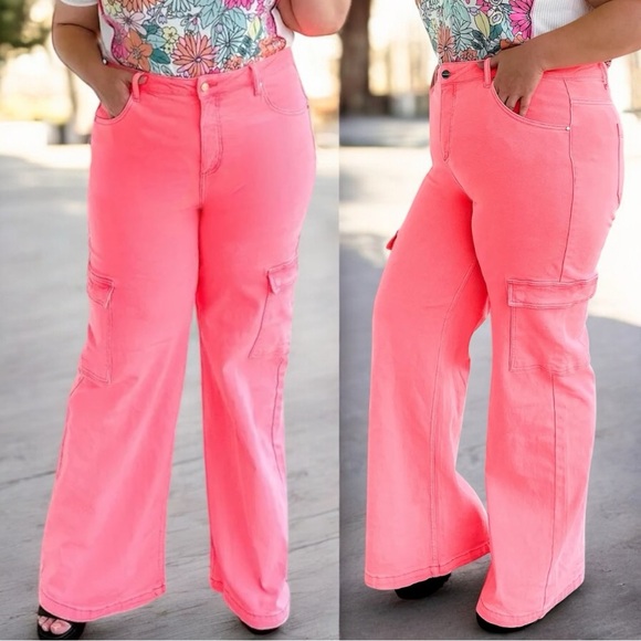 Risen Hot Neon Pink High Rise Wide Leg Cargo Jeans Size 15/32 - Picture 4 of 14